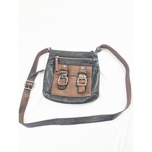 DANIER Genuine Leather Shoulder Bag Two Tone Brown Adjustable Strap Metal Buckle